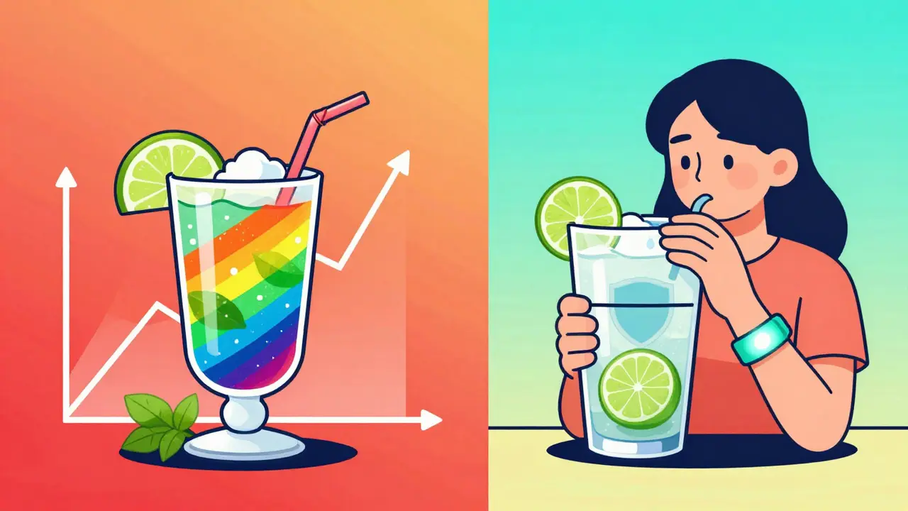 Split scene: one side shows a sugary drink causing blood sugar crash, the other shows a safe drink with protective shield.