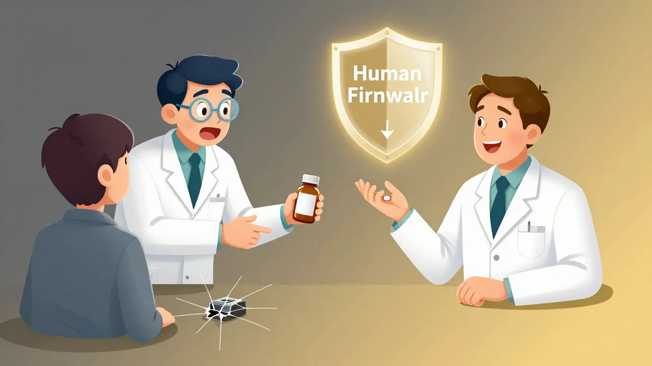Split scene: rushed pharmacy interaction on left, thoughtful counseling on right with a glowing human firewall shield.