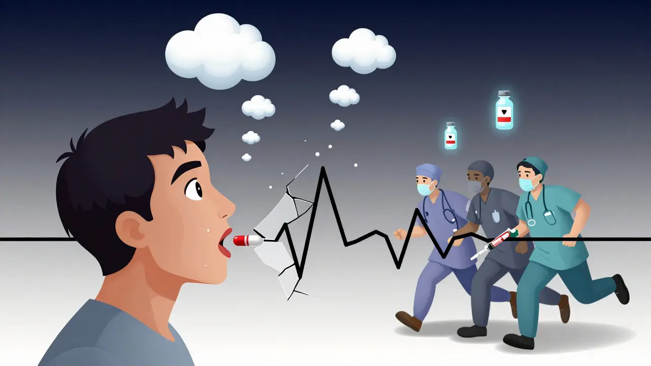 A broken breathing cycle blocked by two drugs, with rising carbon dioxide and vanishing oxygen, as naloxone glows uselessly.