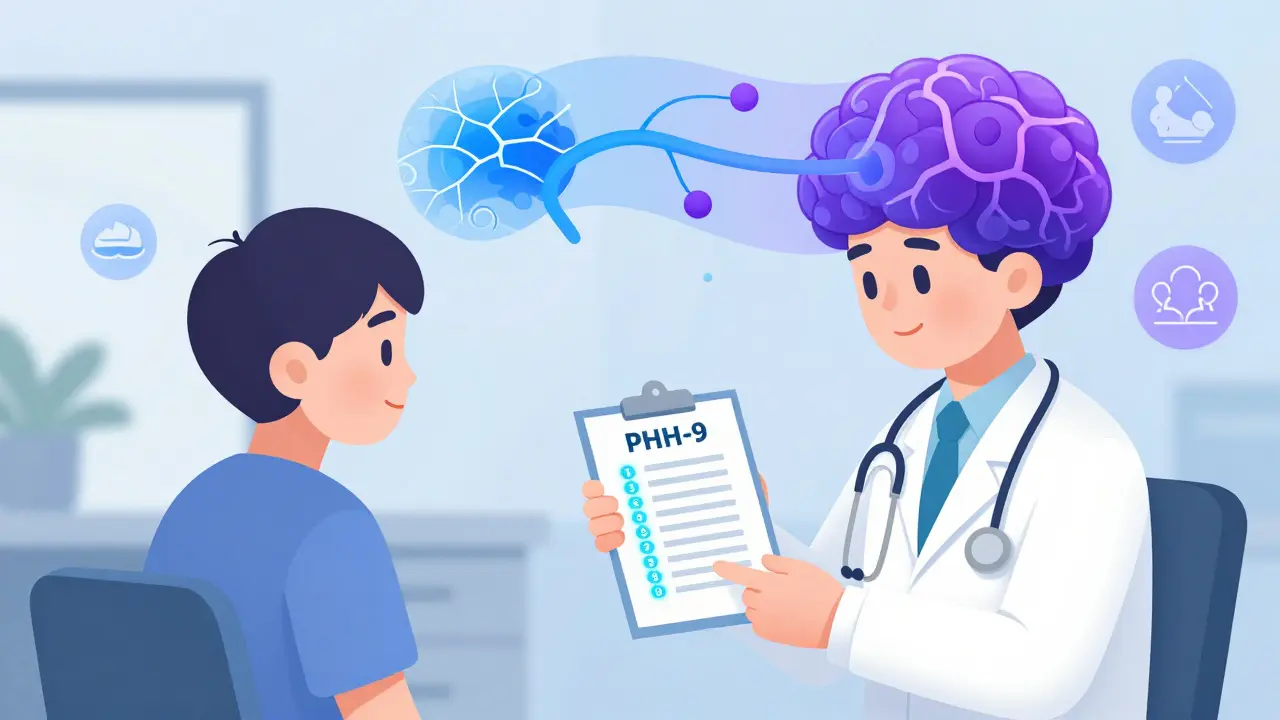 A doctor and patient in a clinic with a glowing PHQ-9 checklist and neural pathways shifting from calm to distress.