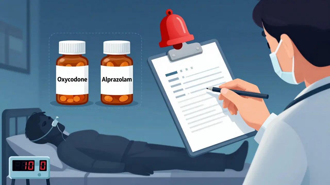 A doctor hesitating over prescribing opioids and benzodiazepines together, with a warning bell and unconscious patient below.