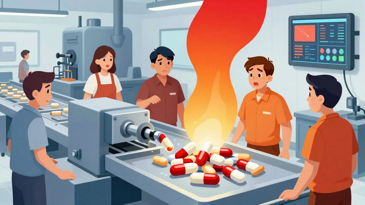 A faulty drug production line with misshapen pills and outdated machinery contrasted with modern monitoring systems.