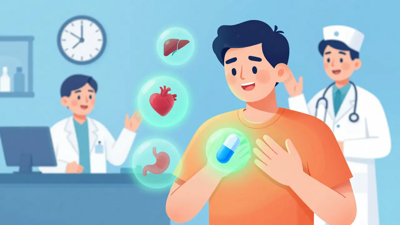 A person alternating acetaminophen and naproxen pills with a clock, pharmacist nearby, and safe organ icons glowing.