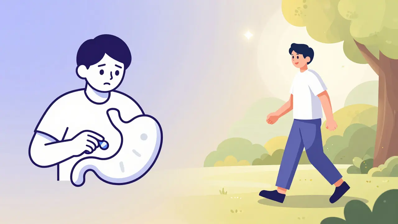 A person contrasting taking medication with side effects versus walking in nature for pain relief.