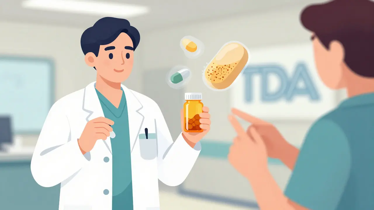 A pharmacist and patient examining an irregular generic pill with internal structure overlays revealing quality issues.