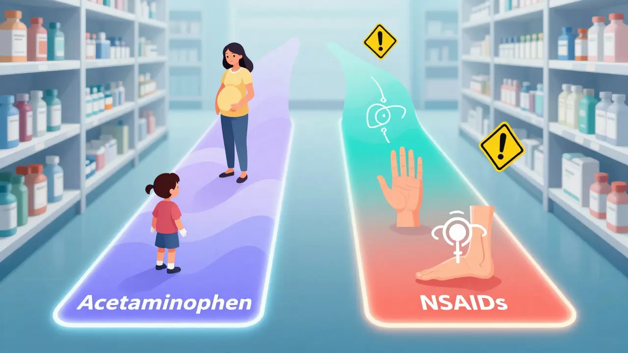 A pharmacy shelf with two glowing paths showing acetaminophen for fever and children, NSAIDs for joint pain and inflammation.