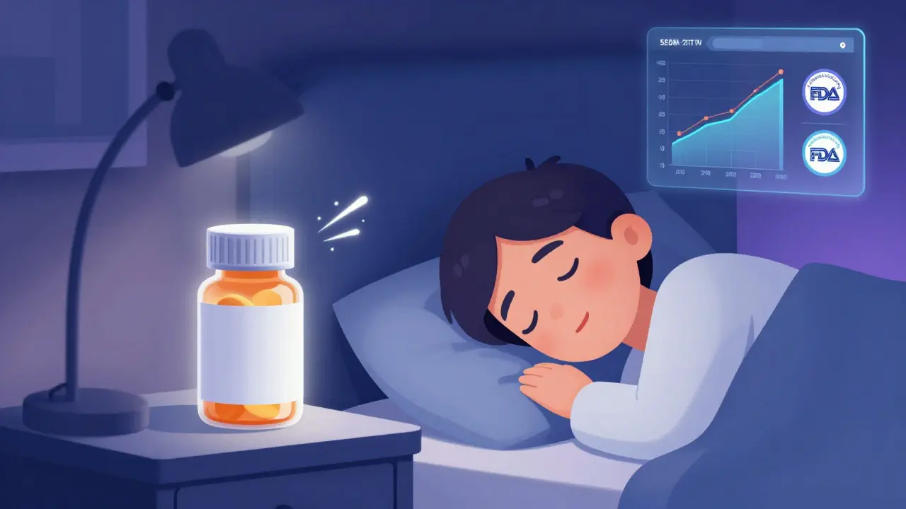 A smart pill bottle glowing softly beside a sleeping patient, projecting a streak of light into the air.