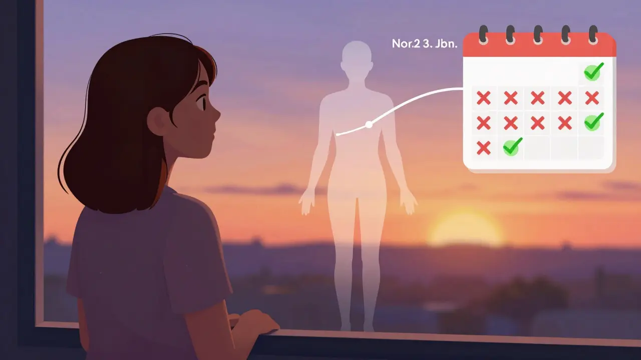 A woman observing her fatigue patterns with transparent overlays showing how afternoon naps affected her energy levels.