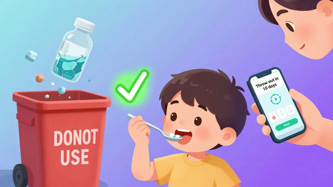 Child taking azithromycin at room temperature with discard reminder, spoiled medicine in trash bin.