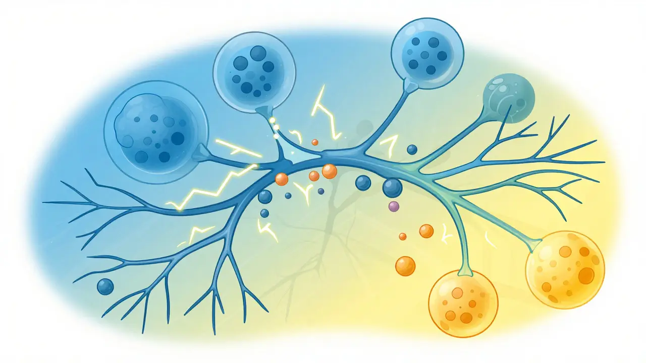 Conceptual art showing nerve and cell interaction pathways