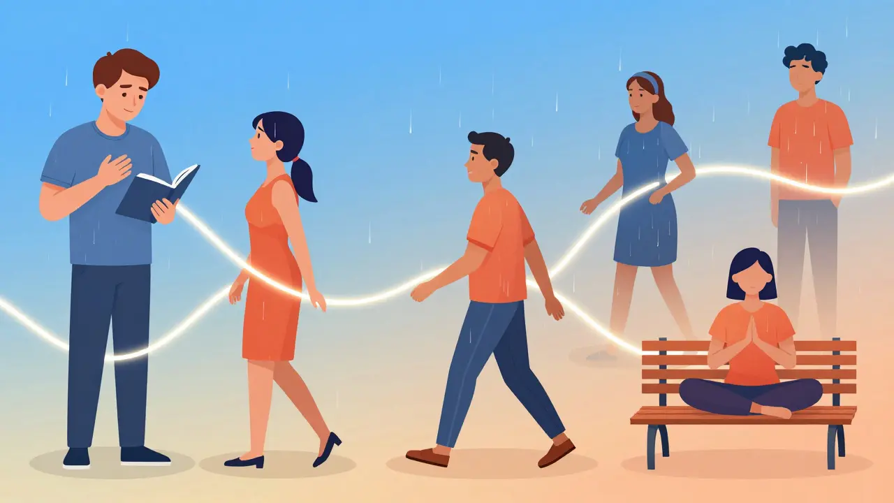 Diverse individuals practicing daily self-management for chronic back pain, connected by glowing light trails.