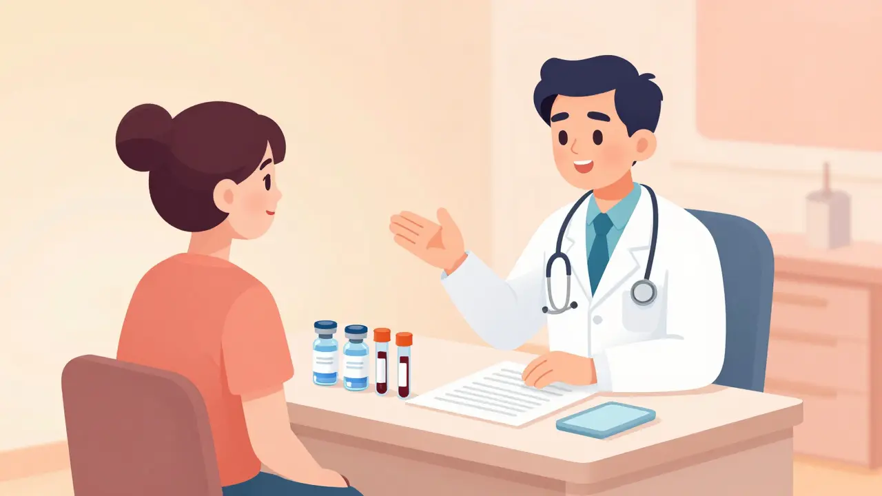 Doctor and patient preparing for treatment with vaccine icons