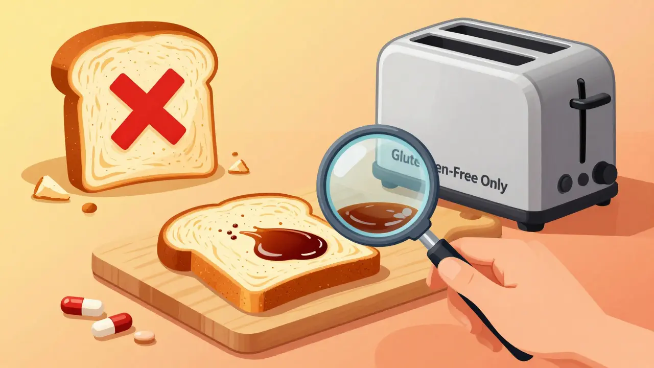 Gluten-free kitchen with dedicated tools and hidden gluten sources marked in shadow