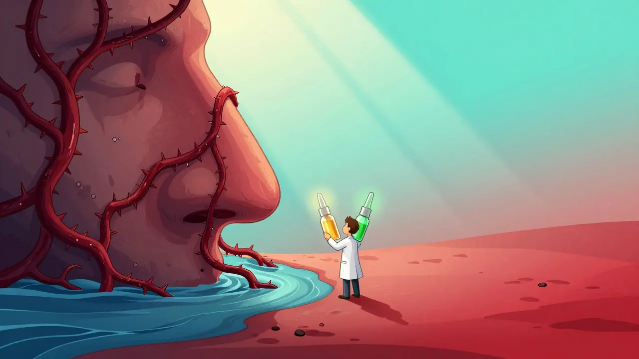 Nasal passage landscape with thorny vines from overuse, contrasted by saline and steroid spray tools.