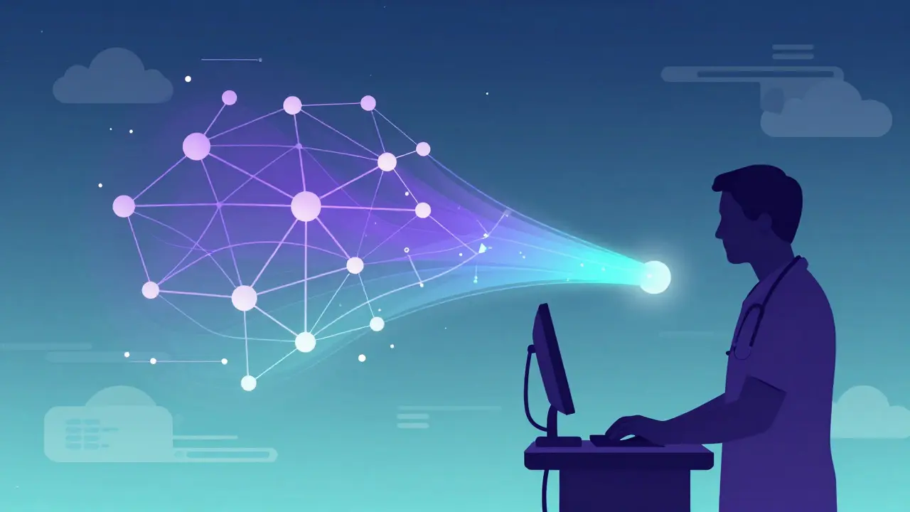Neural network nodes analyzing medical data, colorful gradient vector art.