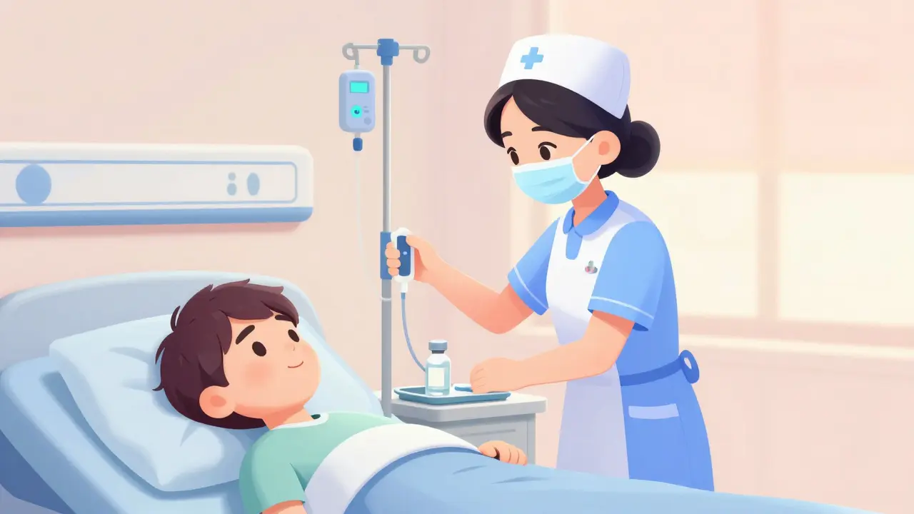 Nurse adjusting IV equipment beside resting patient