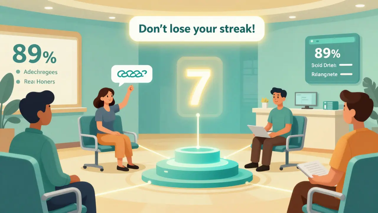 Patients in a clinic receiving digital nudges showing streaks and peer adherence rates, glowing with gradient colors.