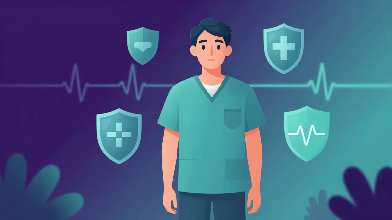 Person surrounded by safety symbols in gradient illustration