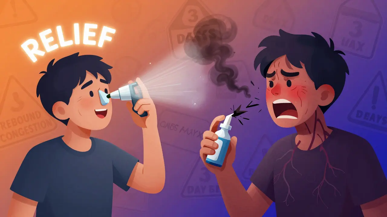Split image: happy nasal spray use vs. worsening congestion with dark, expanding vessels.