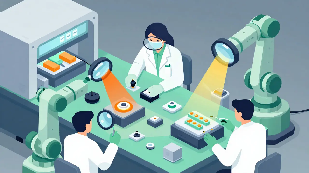 Technicians inspecting parts on a factory line, cartoon gradient art.