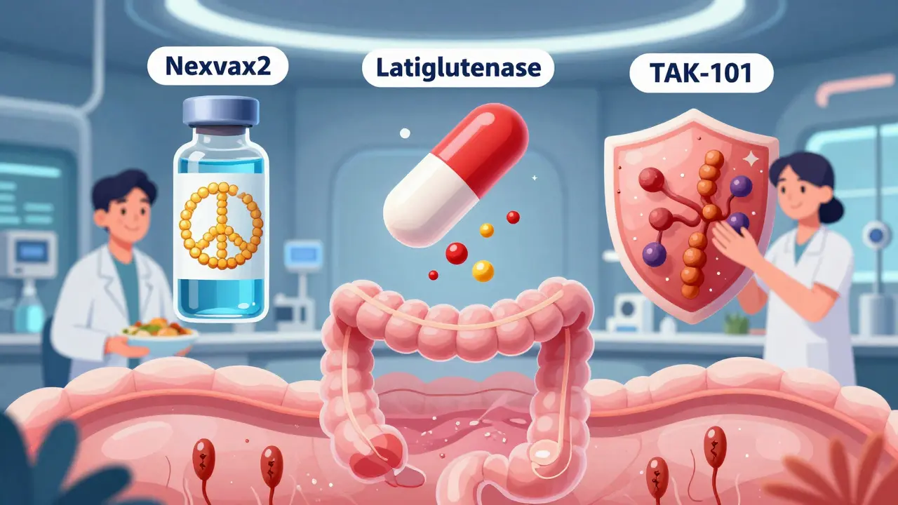 Three experimental celiac therapies floating as glowing symbols in a medical lab