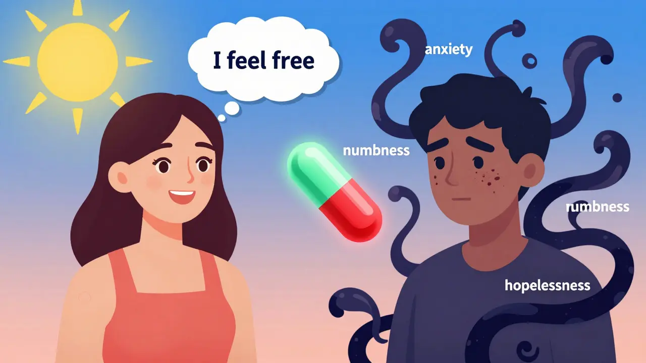 Two contrasting figures—one radiant with clear skin, the other shadowed by emotional turmoil—separated by a split isotretinoin capsule.