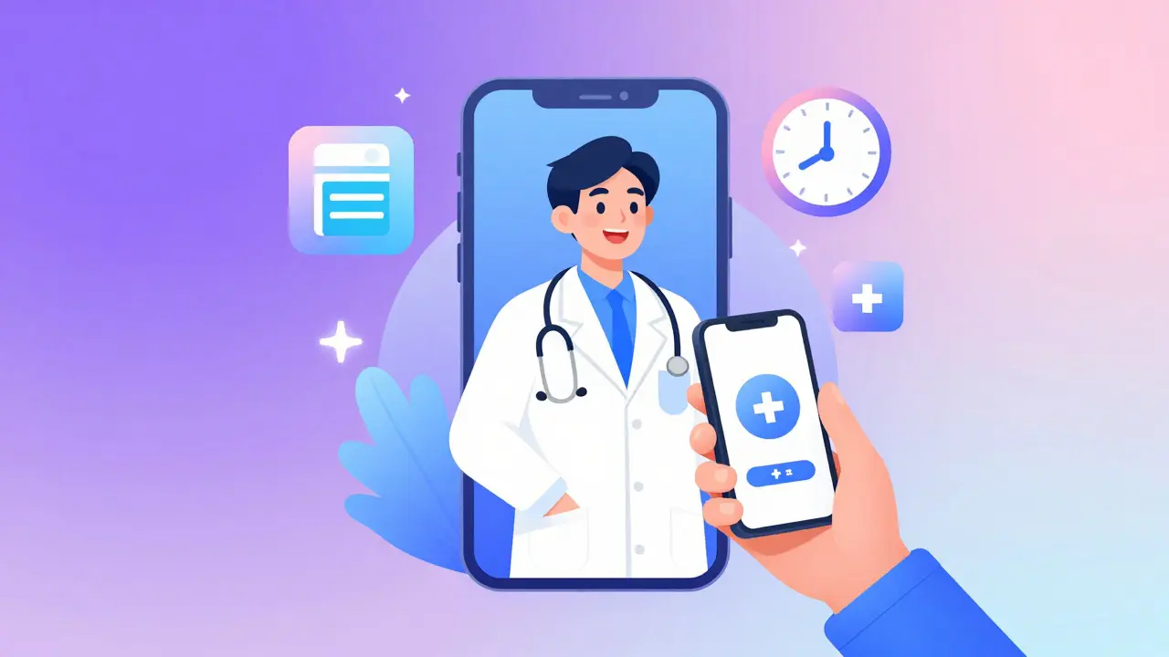 A doctor on a smartphone screen with digital prescription and delivery icons.