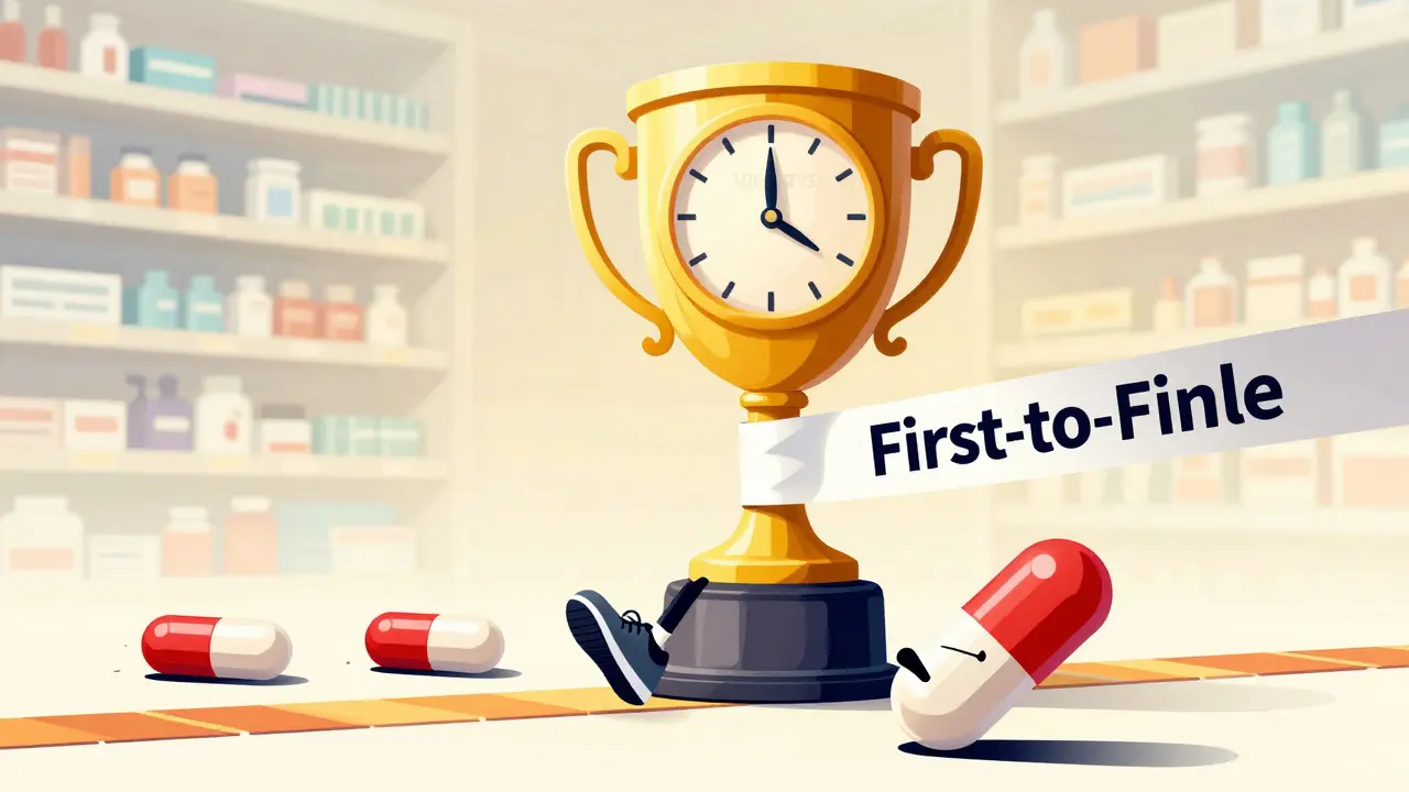 A generic drug capsule winning a race to a trophy representing 180-day marketing exclusivity