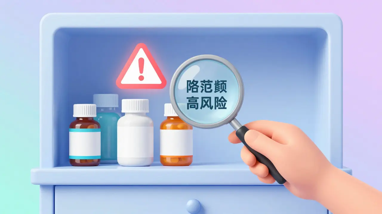 A hand using a magnifying glass to check medicine bottles with a red warning symbol for overdose risk.