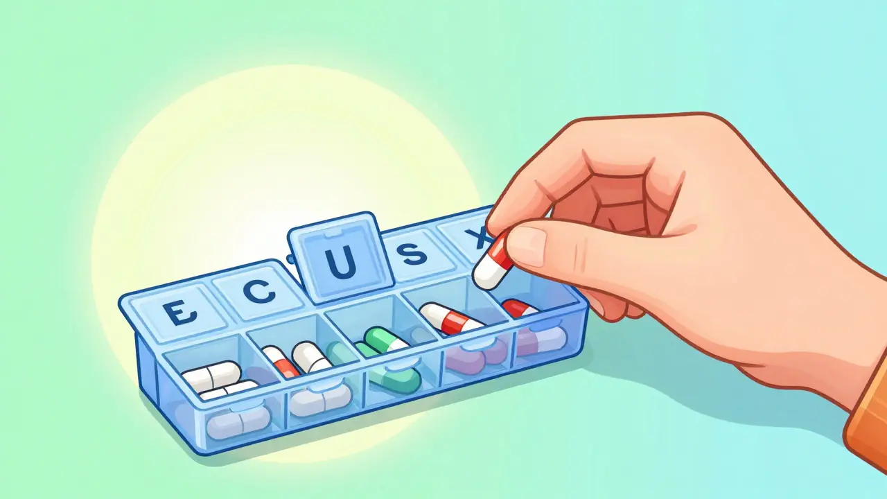 A person putting a generic pill into a weekly organizer for health and safety.