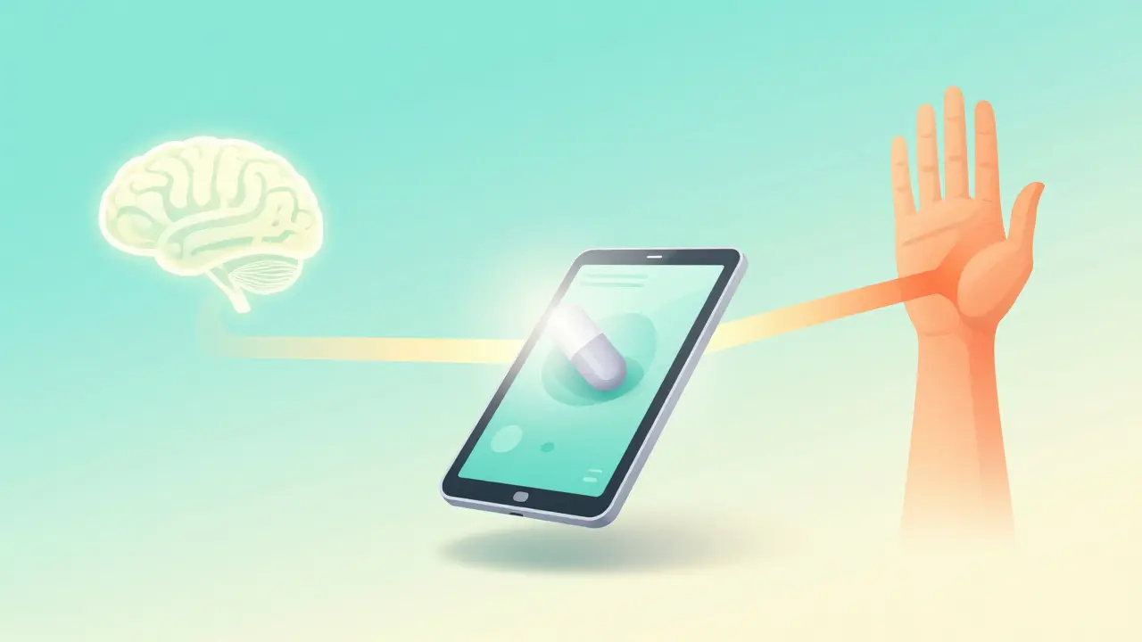 A single pill sending glowing signals to both the brain and an inflamed joint in a gradient style.