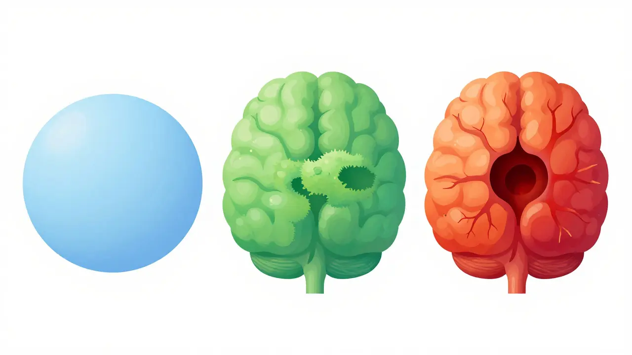 Comparison of three brain tumors showing low-grade slow growth versus high-grade aggressive growth.