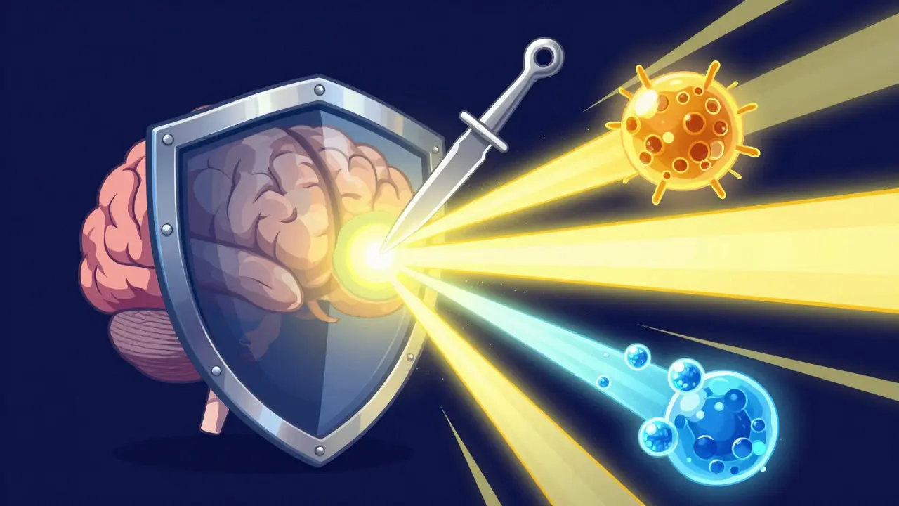 Conceptual illustration of surgery, radiation, and chemotherapy targeting a brain tumor.