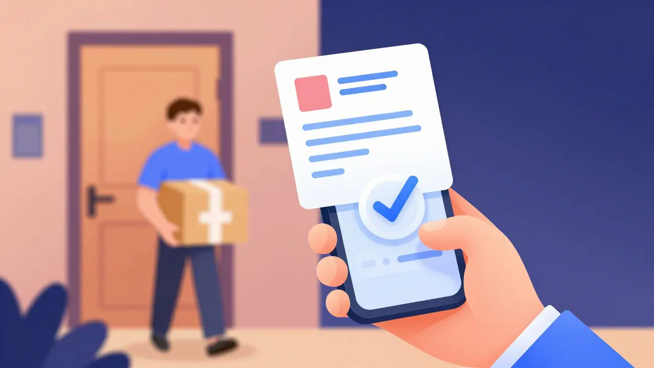 Digital prescription and medication delivery package illustrating a safe online pharmacy process