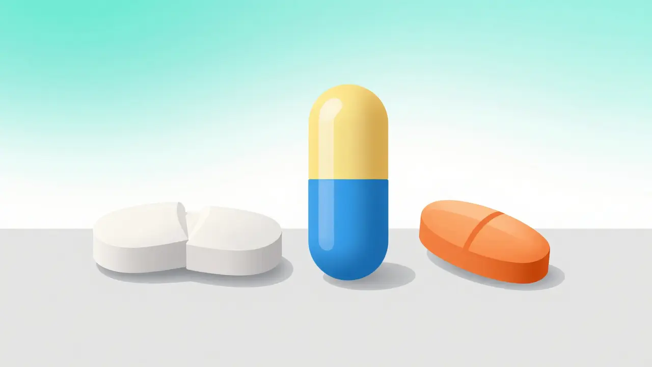 Various forms of generic lamotrigine tablets shown in a clean, modern illustration style